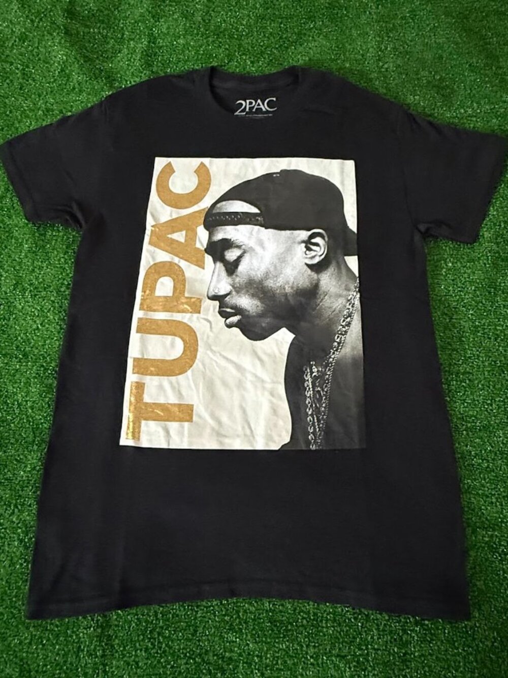 2Pac Tupac Shakur Hip-Hop T-Shirt Black "Gold Profile" Graphic Cotton Tee Size S